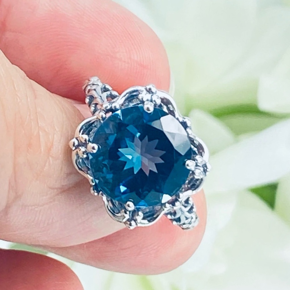 London Blue Topaz Ring 7ct Round Cut Natural Topaz Victorian Ornate Filigree - Picture 7 of 10